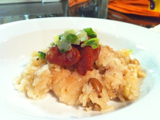 Sticky rice with Chinese sausage, topped with scallion oil.